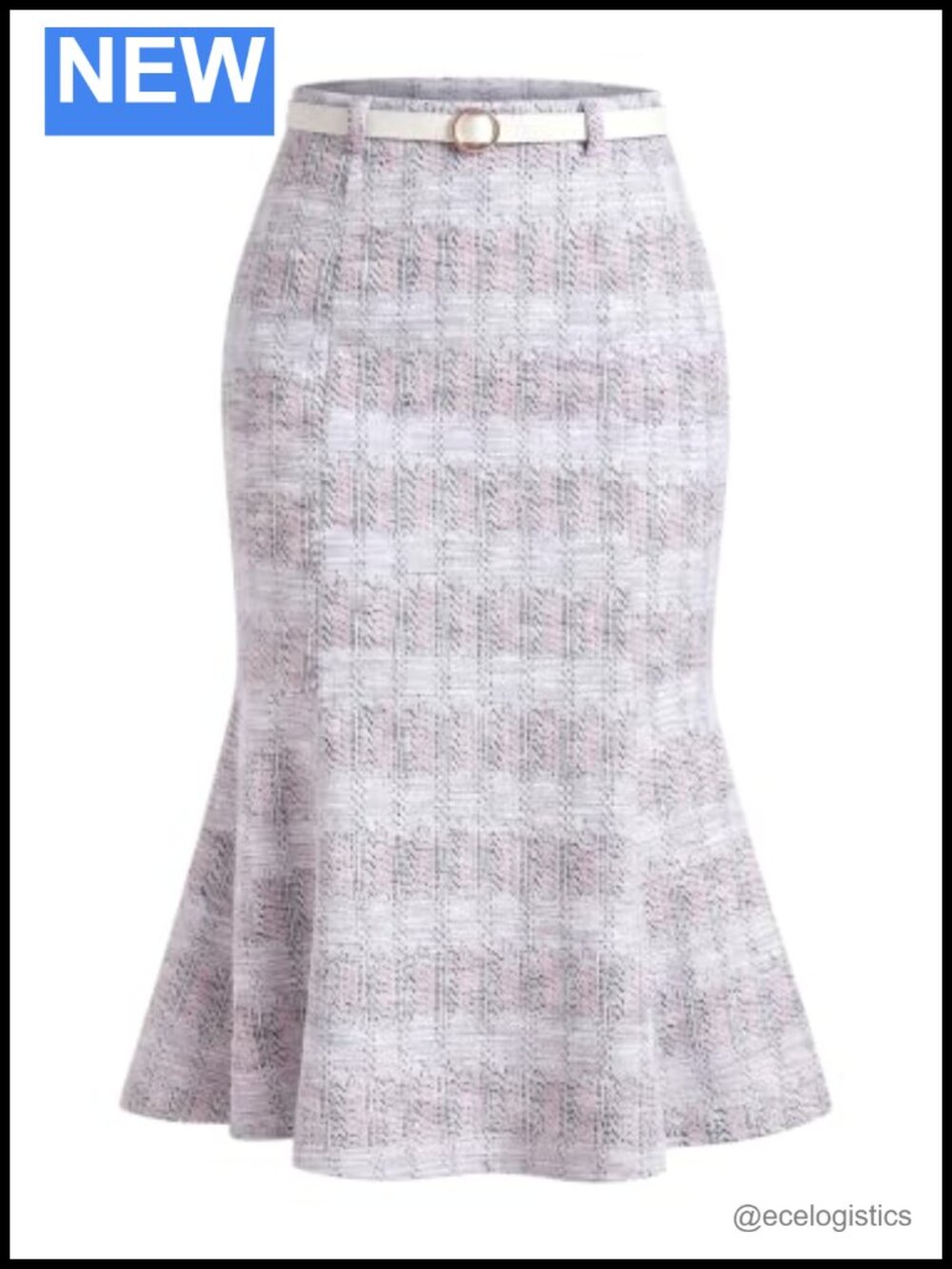 Polyester Spandex Tweed Mermaid High Waist Ruffle Hem Plaid Midi Bodycon Skirt